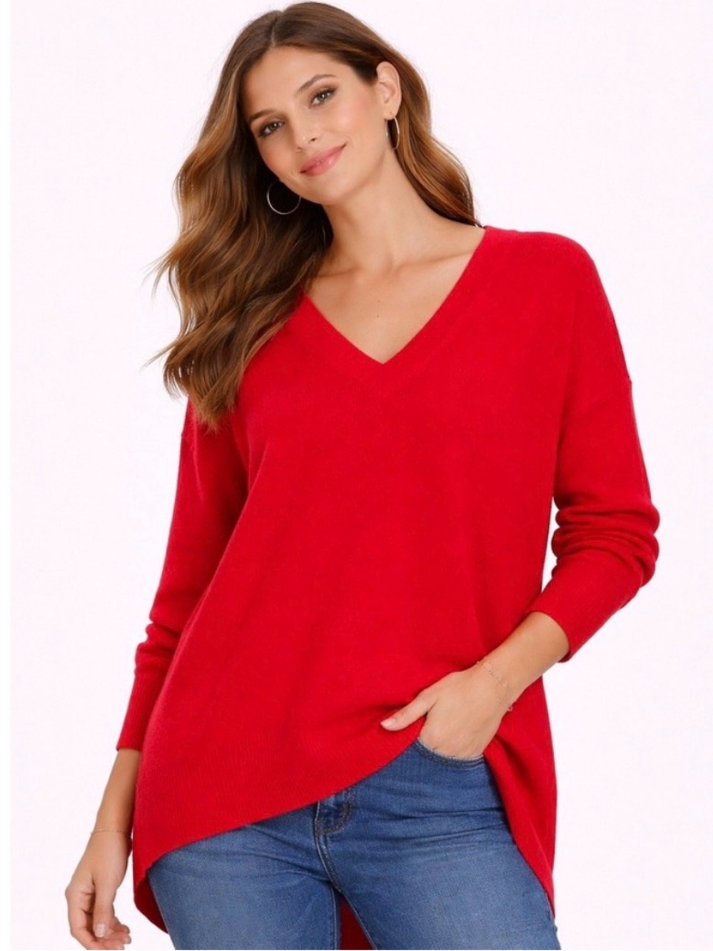 LOFT V Neck Red Long Sleeve Knit Lightweight Soft Sweater Size XS